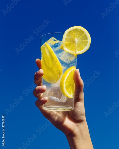 Glass of lemon water held against blue sky