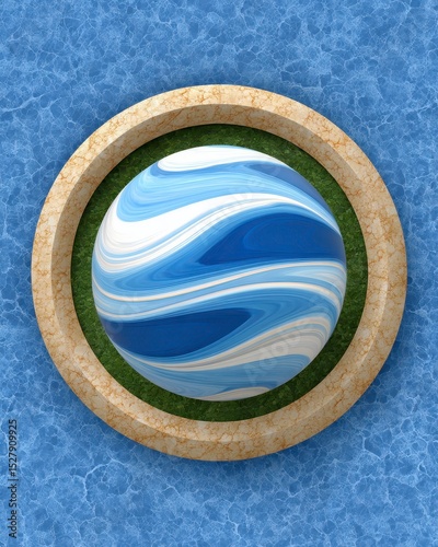 Abstract Blue and White Marble Sphere in Beige Frame