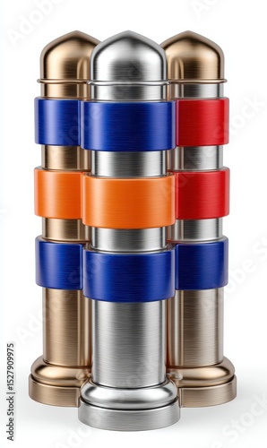 Three Metallic Bollards with Colorful Bands on White Background