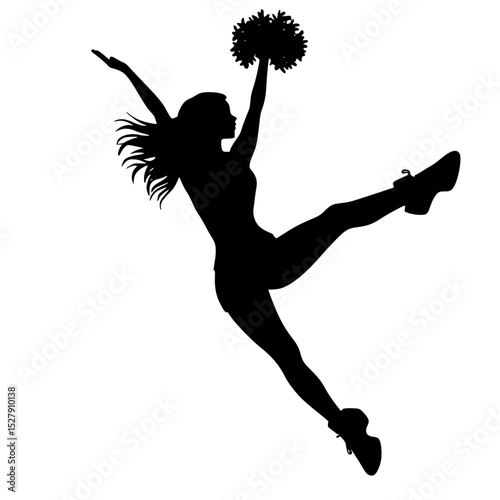 a black silhouette of a cheerleader jumping with her legs in the air black, cheerleader, dance, girl, jump, leg, silhouette, woman