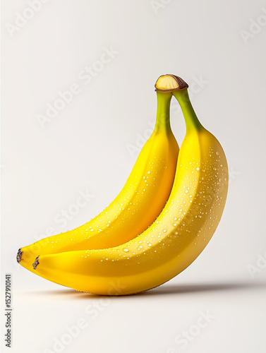 Fresh ripe bananas with water droplets on pale background, showcasing tropical fruit freshness.