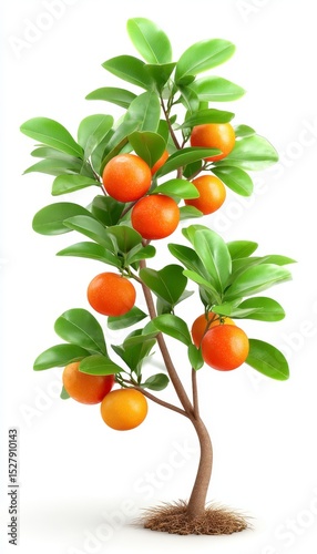 3D Render of Small Orange Tree with Ripe Fruit on White Background