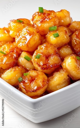 Golden Fried Shrimp with Green Onions in White Bowl