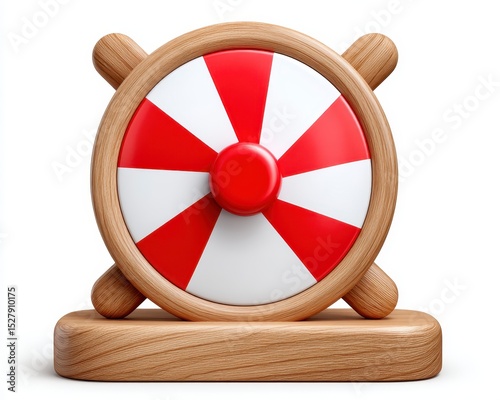 3D Render Red and White Striped Carnival Wheel on Wooden Base