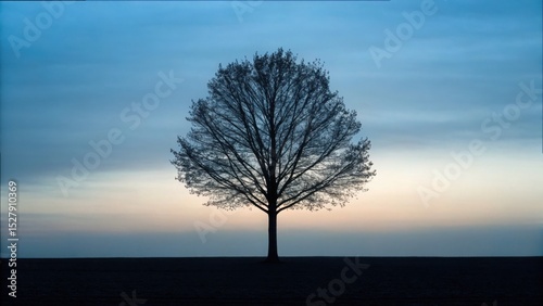 Solitary Tree Silhouette at Dusk with Last Leaves Falling