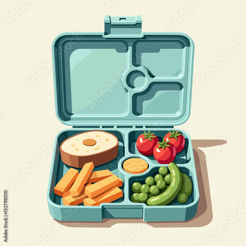 Fresh lunchbox with vegetables, cheese, and bread arranged neatly  