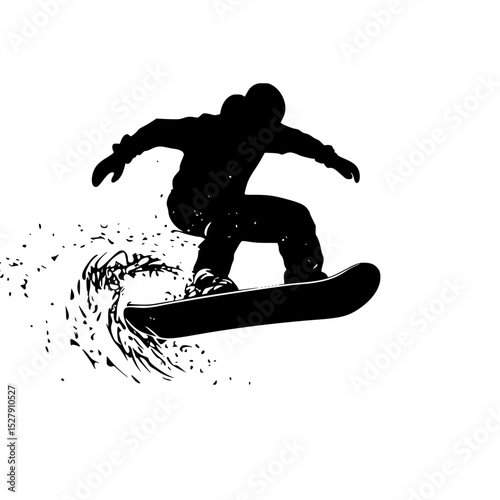 a black silhouette of a man riding a snowboard jumping a wave black, jump, man, person, ride, silhouette, snowboard, snowboarder, wave