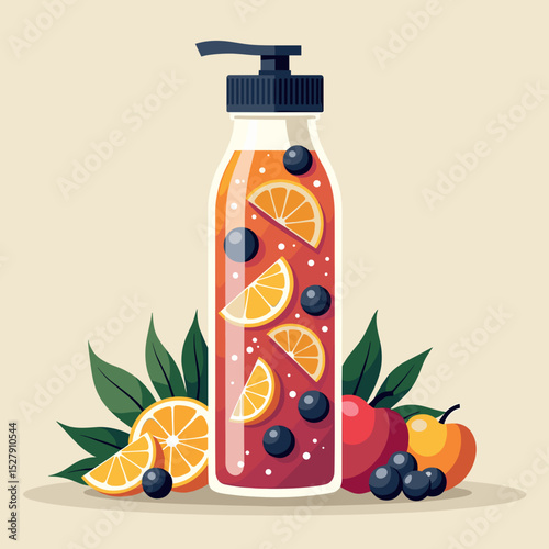 Refreshing fruit-infused drink in a bottle with apples and oranges  