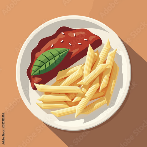Plate of pasta and meat in tomato sauce with basil leaf garnish  