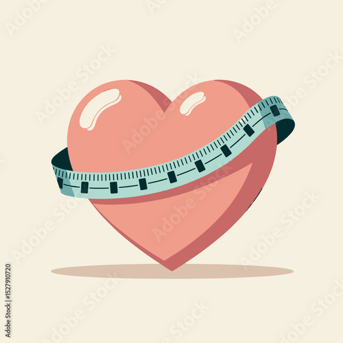 Iconic heart shape wrapped with measuring tape on light background  
