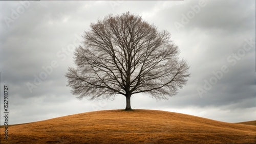 Solitary Tree on Hill Under Cloudy Sky in Autumn Landscape