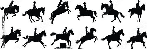 Silhouette collection of horse riding, equestrian sport jump poses, horseback rider clipart, western cowboy girl illustrations