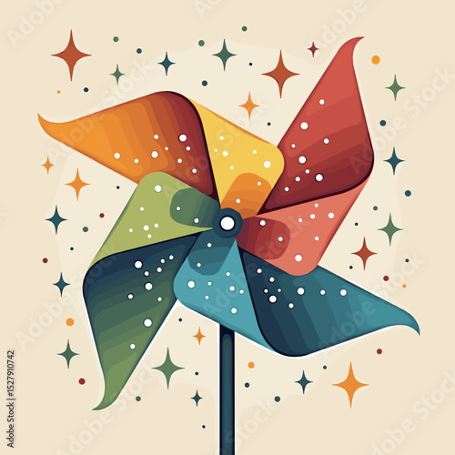 Colorful pinwheel spinning against a whimsical starry background  
