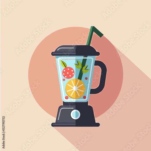 Blender with mixed fruits and green straw in flat design style  