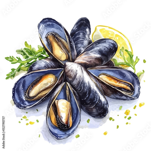 Mussels In White Wine, watercolor vector, high quality, isolated on a white background.