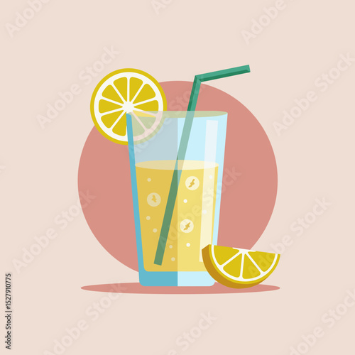 Fresh lemonade with ice and lemon slice on pastel background  