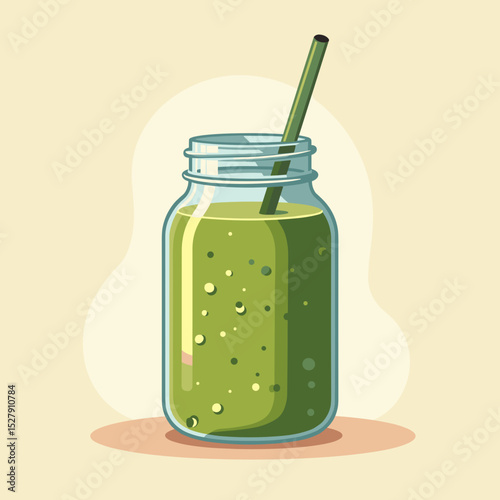 Green smoothie in a mason jar with straw on a pastel background  