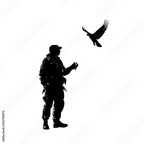 a black silhouette of a man in uniform with a bird flying behind him bird, black, fly, man, person, silhouette, soldier, stand, uniform 