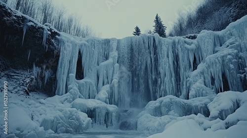 Frozen waterfall cascading down icy cliffs