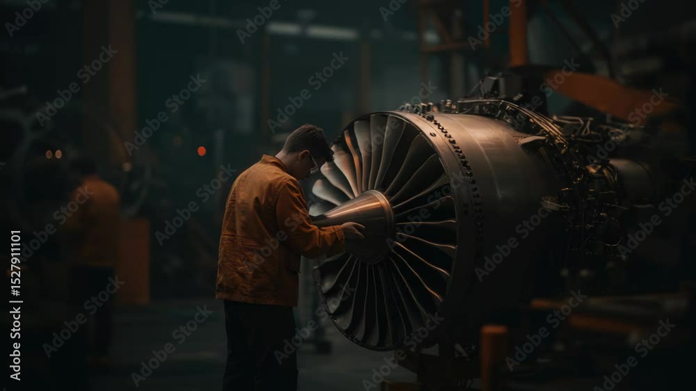 Engine technicians meticulously inspect powerful jet engine in dim workshop