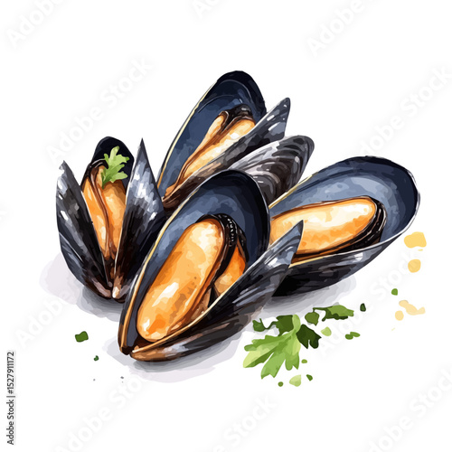 Mussels In White Wine, watercolor clipart vector, high quality, isolated on a white background.