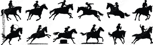 Cowboy silhouette on horseback, rodeo action scene, western horse riding, equestrian sport, jumping horse illustration, cowboy vector art