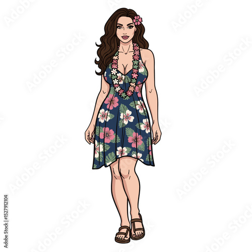 Young woman with long dark hair wearing floral dress standing outdoors in sunlight