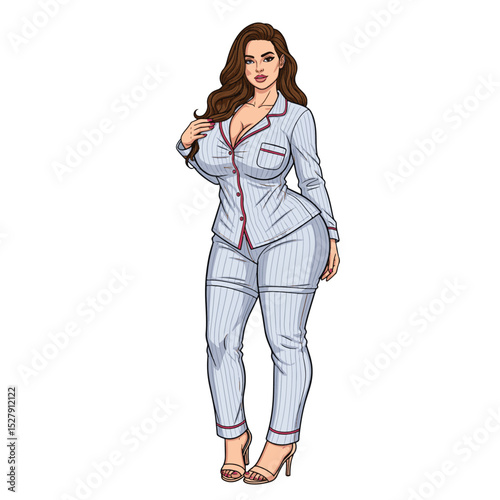 Confident woman with curly hair in pajamas happy at home modern lifestyle scene