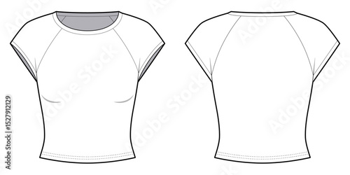 Slim Fit Short Sleeve Raglan T- shirt- Front and Back View-Technical Illustration- CAD Vector illustration 