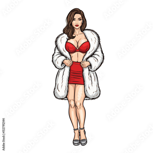 Stylish woman in red dress and fluffy white coat standing confidently