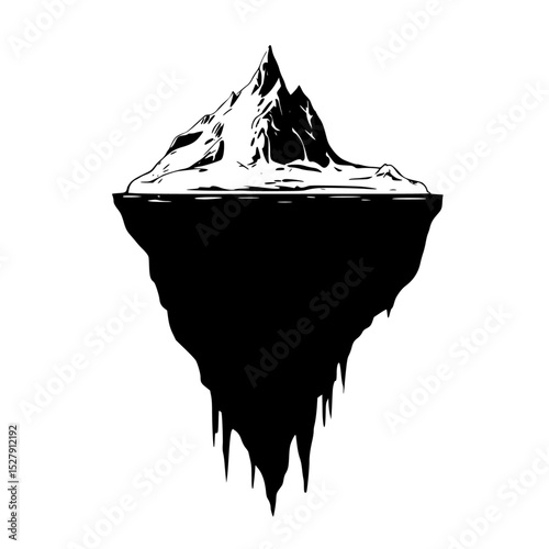 black and white art of an island floating in the air art, black, float, iceberg, island, mountain