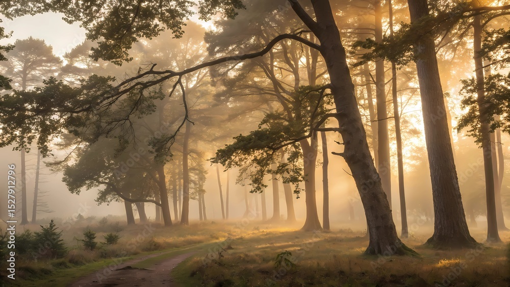 Fototapeta premium Golden Light Through a Misty Forest