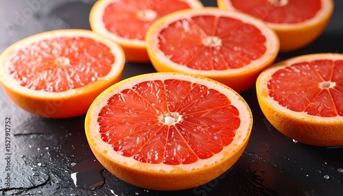 Freshly peeled grapefruit halves on slate background, tangy juice beads glistening in moody morning light, minimalist composition