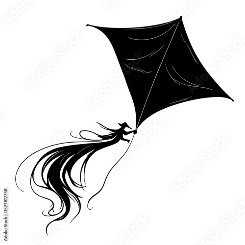 a black and white illustration of a girl flying a kite with a long tail black, fly, girl, hair, illustration, kite, long, silhouette, sky, tail