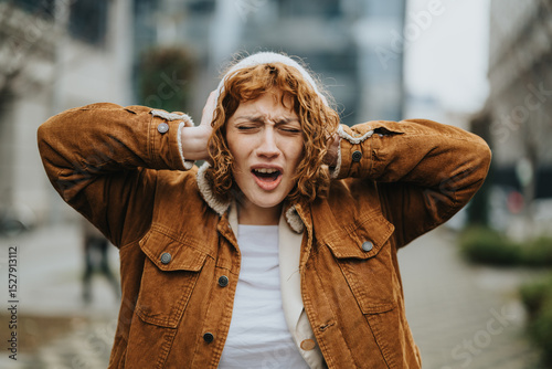 A woman in a brown coat covers her ears, seemingly distressed. The background depicts an urban cityscape, suggesting concepts like noise pollution, frustration, and sensitivity. photo