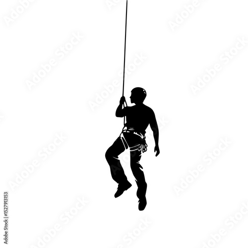 a black and white silhouette of a man hanging on a rope black, climb, hang, hold, man, rope, silhouette, swinge 