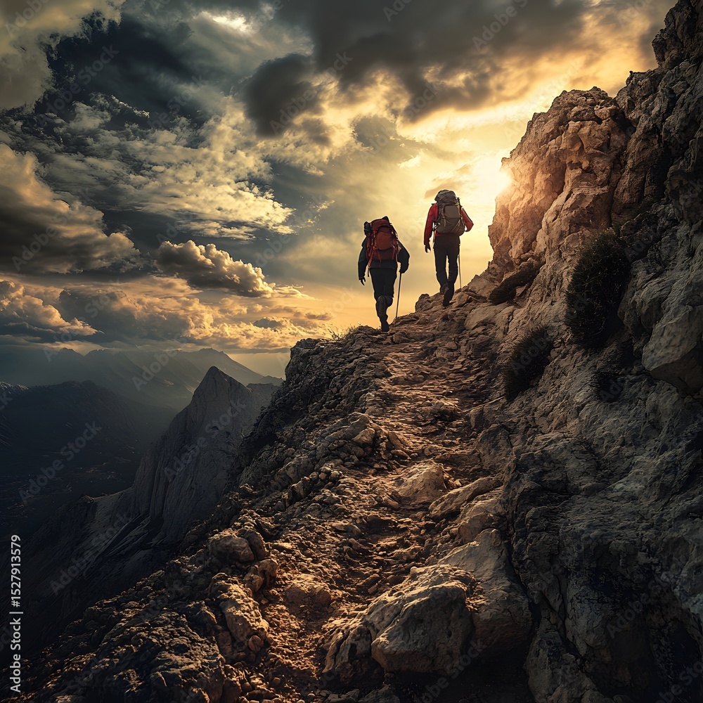 Fototapeta premium Determined pair walking up a steep mountain trail together while enjoying the beautiful surroundings