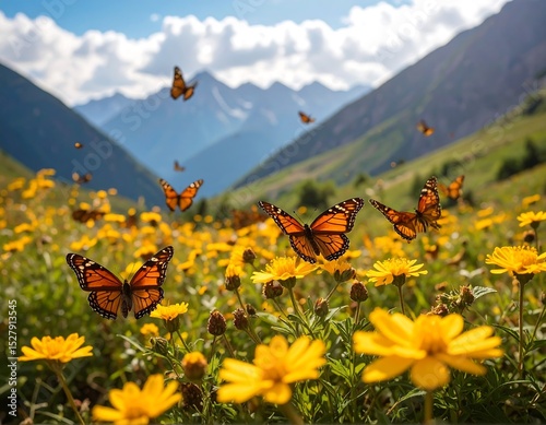 Butterflies flit among bright yellow flowers in a mountain meadow