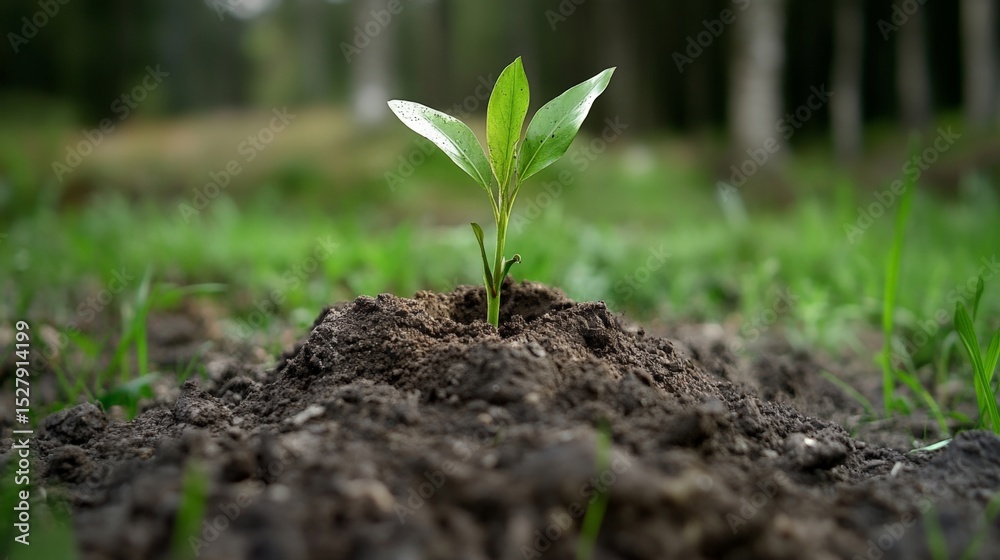 Fototapeta premium Young green plant sprouting from soil in a natural outdoor setting