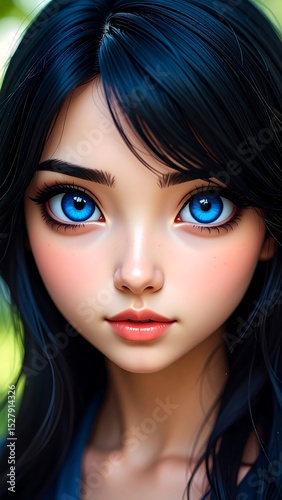 Close-up digital portrait of a young woman with striking blue eyes