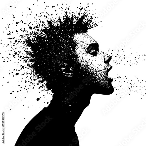 black and white art of a man's face with spiky hair art, black, face, hair, head, man 