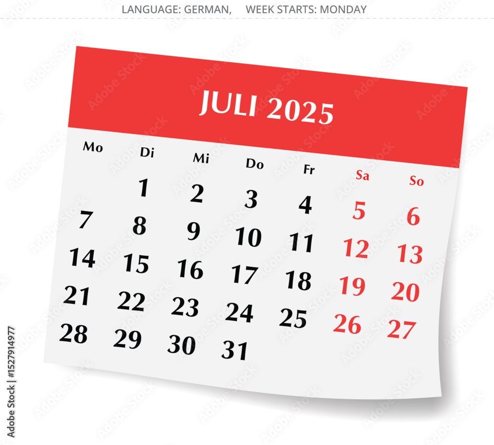 German calendar for july 2025. Page for Germany - Kalender juli