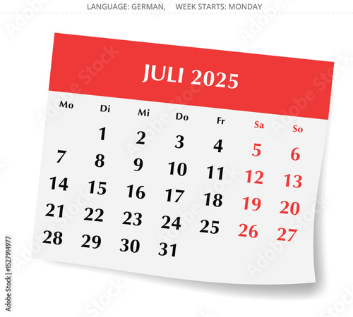 German calendar for july 2025. Page for Germany - Kalender juli