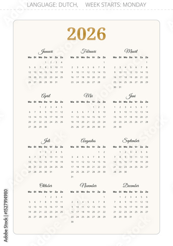 Dutch calendar 2026. Modern vector illustration for Dutch