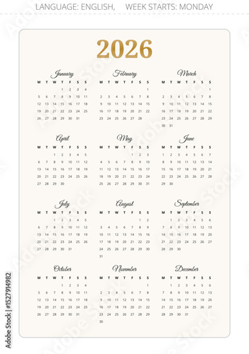 2026 year english vector calendars. illustration. Week starts monday