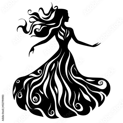 abstract silhouette of a beautiful young lady with long hair in a long flowing dress abstract, beautiful, black, dress, girl, hair, lady, long, silhouette, woman, young 