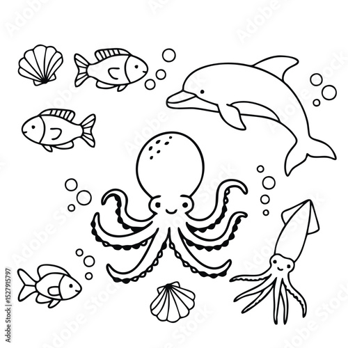 Simple Line Art Under The Sea Creature Cartoon Illustration
