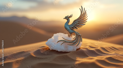 Vintage Phoenix Brooch on White Quartz in Desert Twilight with Vast Sky and Copy Space  