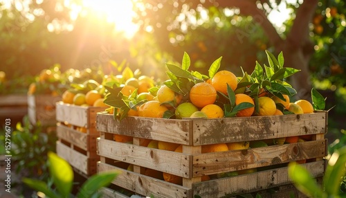 Stack of rustic wooden crates filled with assorted citrus, green leaves tangled among ripe, sun-speckled fruits, golden shadows spill through