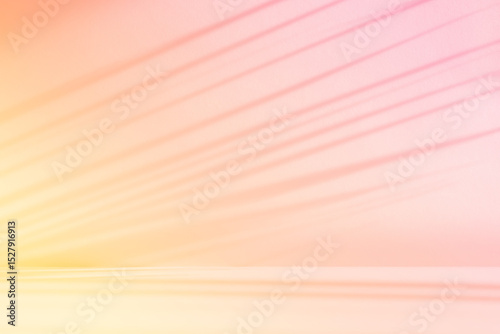 Abstract pink color gradient studio background for product presentation. Empty orange room with shadows of window and palm leaves. 3d yellow room with copy space. Summer concept. Blurred backdrop.